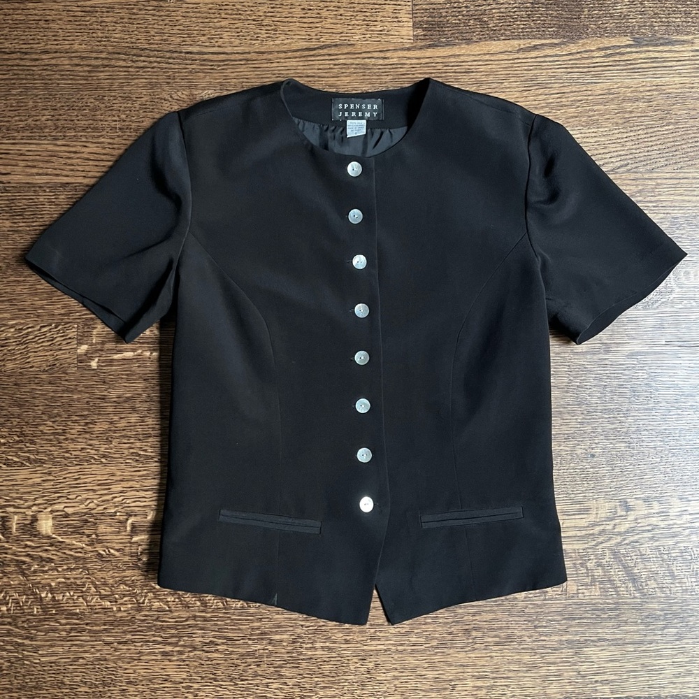 Vintage Button Front Silk Blouse, Structured Retro Short Sleeve Top, 100% Silk